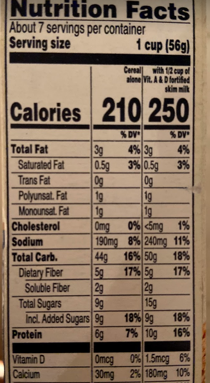 The nutrition label of the cereal box.